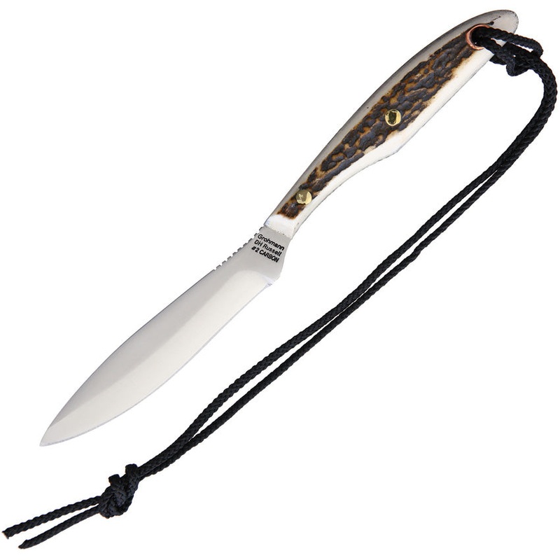 Grohmann Trout & Bird Stag Bone Carbon Steel Fixed Blade Knife w/ Sheath H2C
