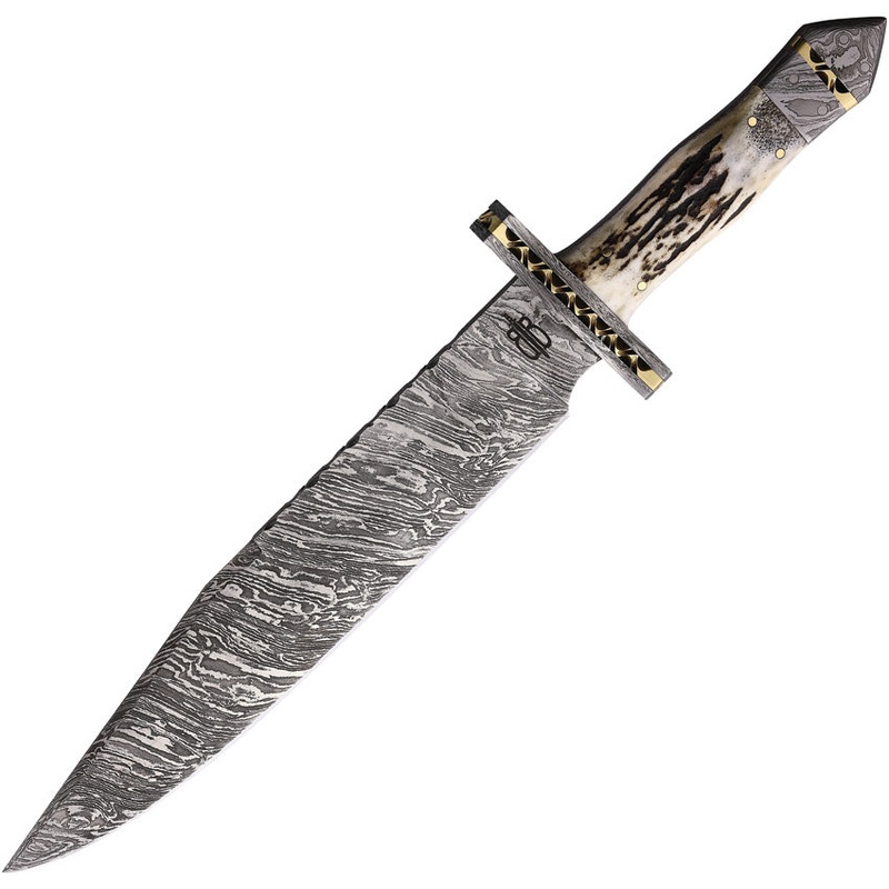 BucknBear Big Game Texas Bowie Stag Damascus Fixed Blade Knife w/ Sheath 16305