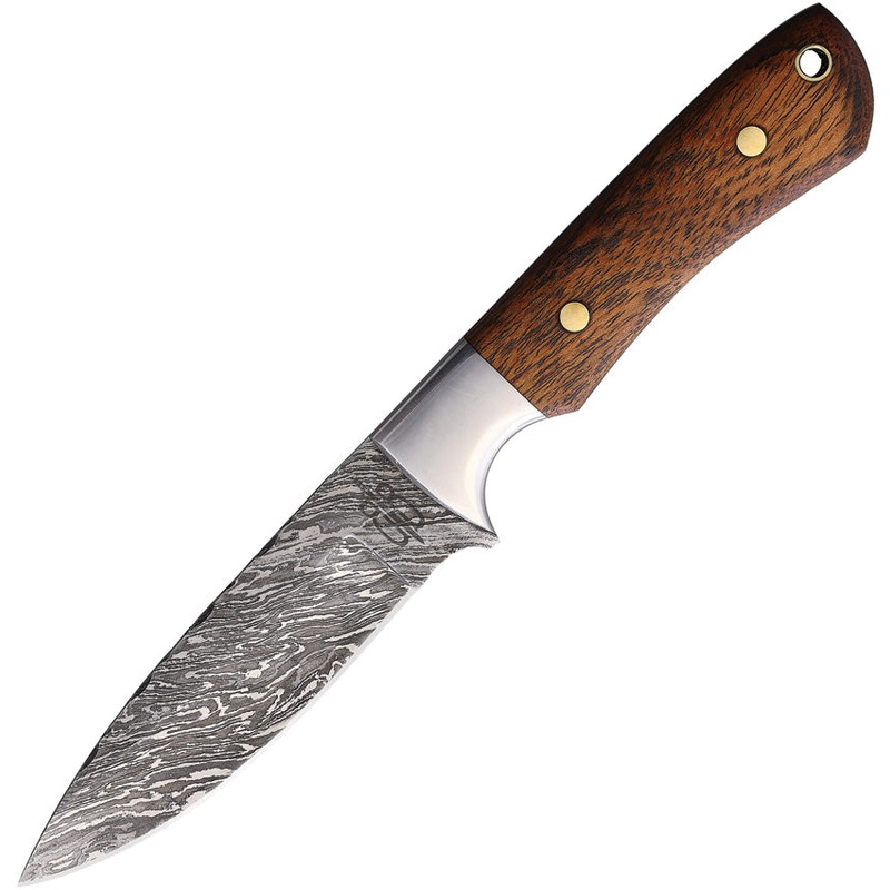 BucknBear Classic Hunter Brown Wood Damascus Fixed Blade Knife w/ Sheath 137198