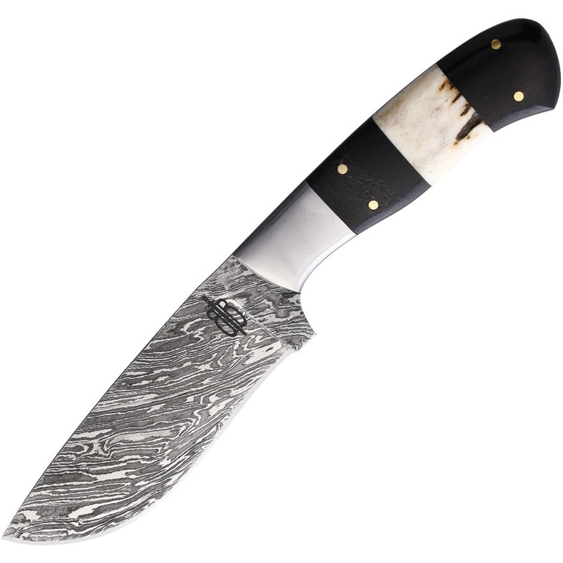 BucknBear Cowboy Hunter Horn & Stag Damascus Fixed Blade Knife w/ Sheath 15246