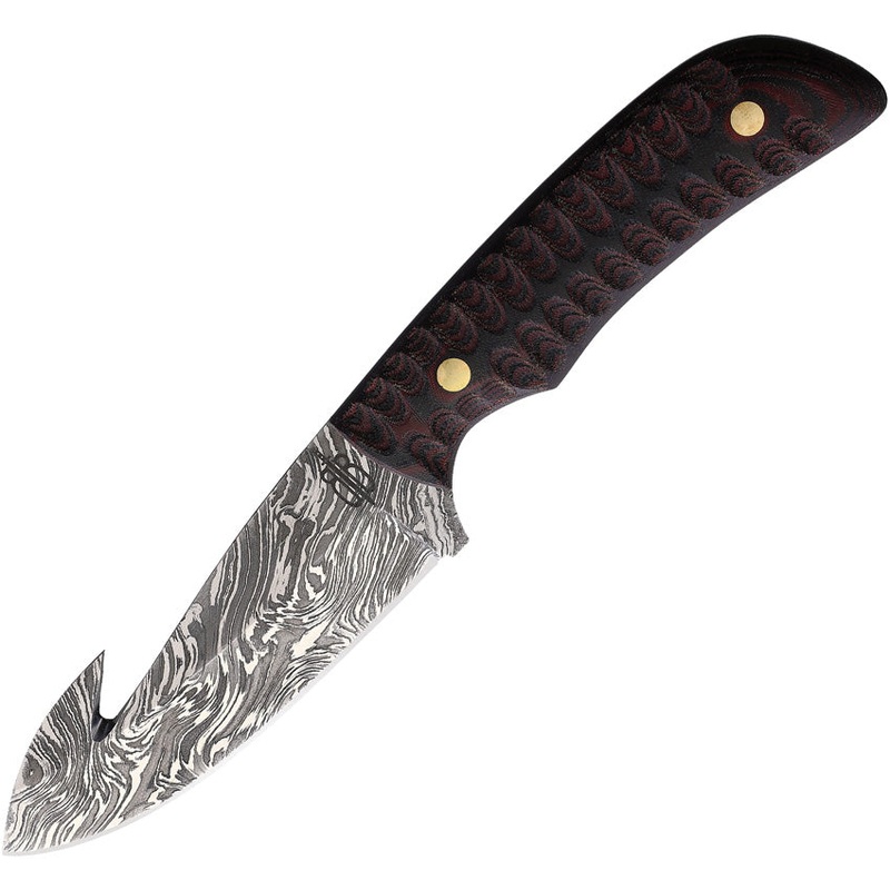 BucknBear Guthook Hunter Black & Red G10 Damascus Fixed Blade Knife 92345D