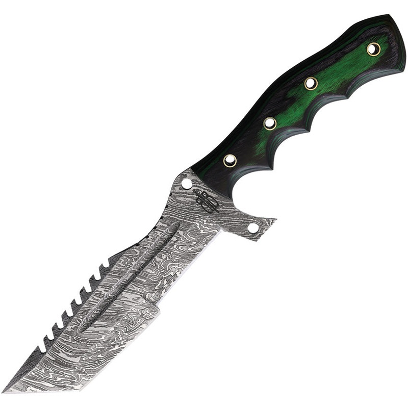 BucknBear Hulk Tanto Tracker Green Burl Wood Damascus Fixed Blade Knife 1227TT