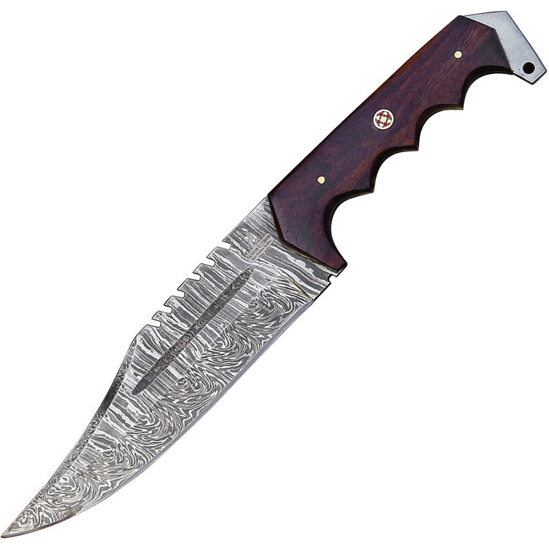 FH Knives Damascus Bowie Brown Wood Damascus Fixed Blade Knife CPBW001