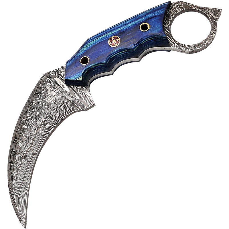 FH Knives Damascus Karambit Blue Pakkawood Fixed Blade Knife KMBT001