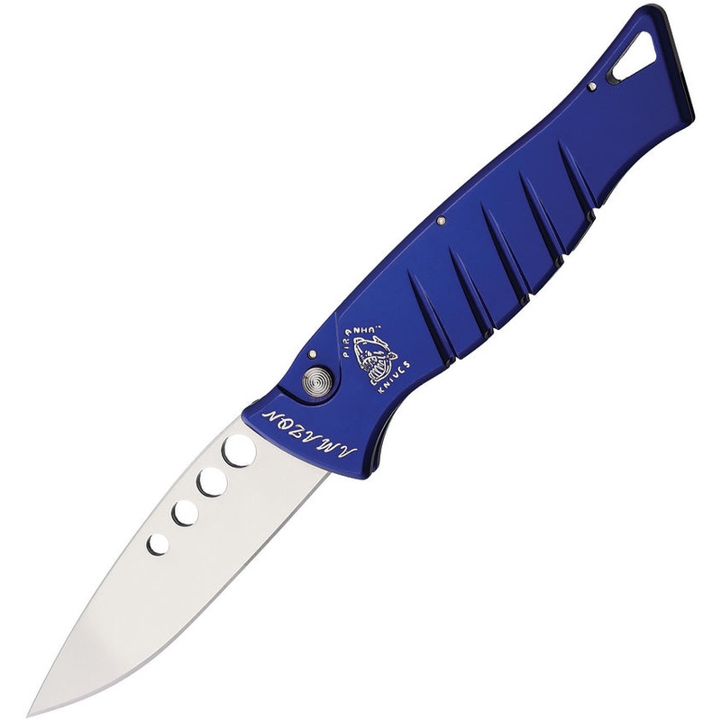 Piranha Knives Automatic Amazon Knife Button Lock Blue Aluminum 154CM Blade CP3B
