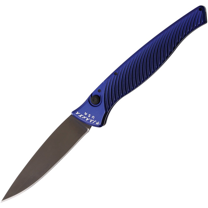 Piranha Knives Automatic DNA Knife Button Lock Blue Aluminum Black S30V Blade CP16BT
