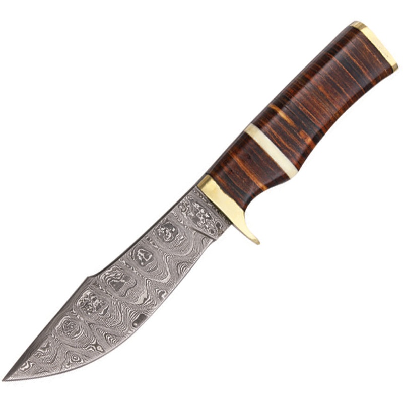 Damascus Hunter Brown Stacked Leather Damascus Fixed Blade Knife 1066