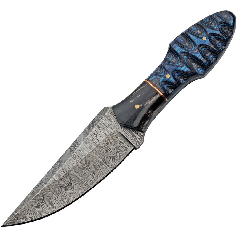 Damascus Ocean Ripple Hunter Blue & Black Wood Damascus Fixed Blade Knife 1358