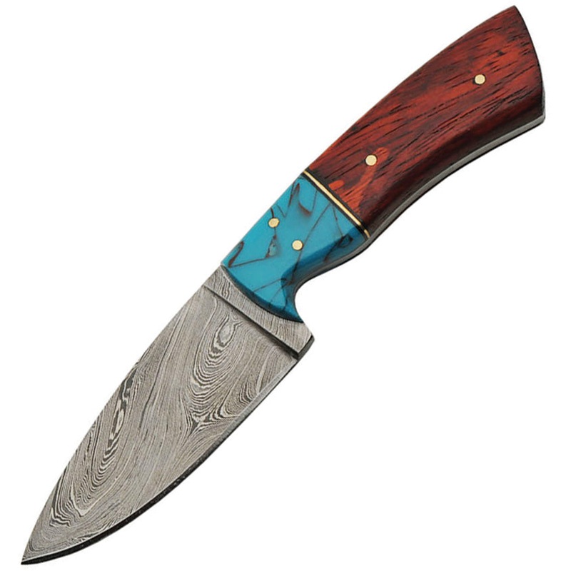 Damascus Red Wood & Turquoise Damascus Steel Fixed Blade Knife 1187