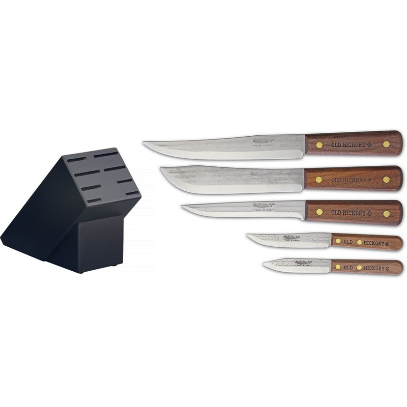 Old Hickory Kitchen Set Brown Wood Carbon Steel Fixed Blade Knives 7220