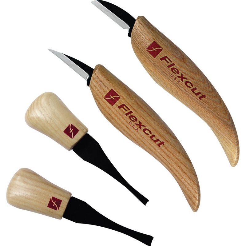 Flexcut 4pc Beginner Tan Wood Carbon Steel Palm & Fixed Blade Knife Set KN600