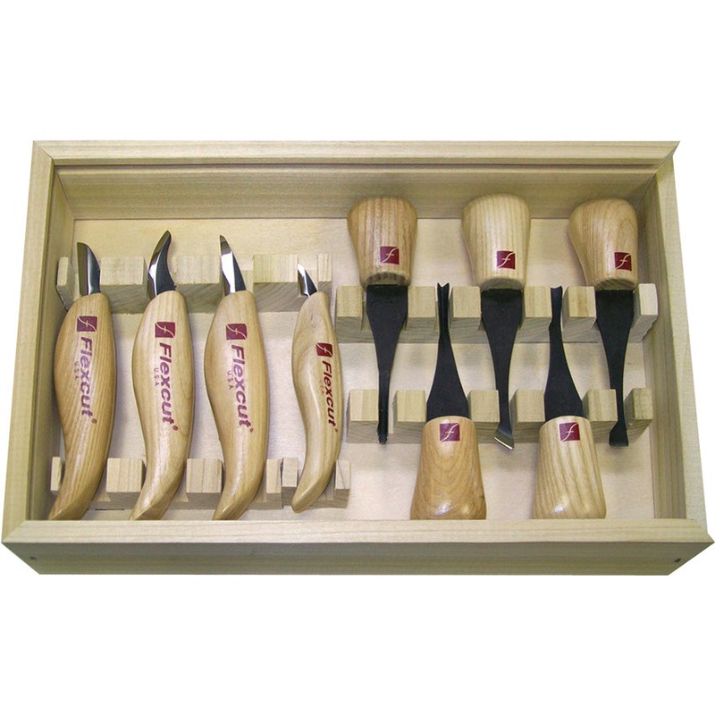 Flexcut 9pc Deluxe Tan Wood Carbon Steel Palm & Fixed Blade Knife Set KN700