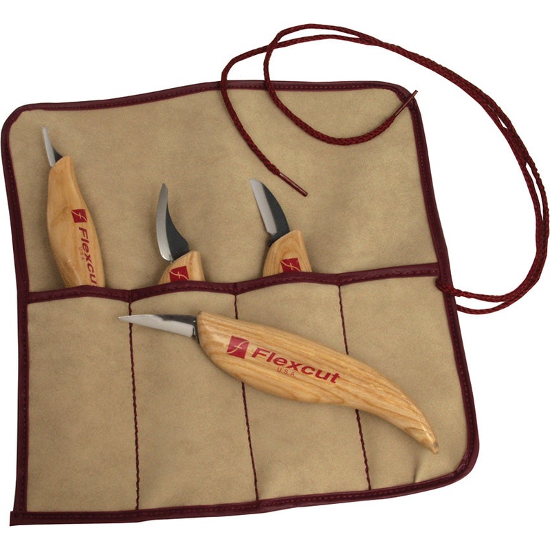 Flexcut Carving Tan Wood Carbon Steel 4pc Fixed Blade Knife Set K w/ Roll N100