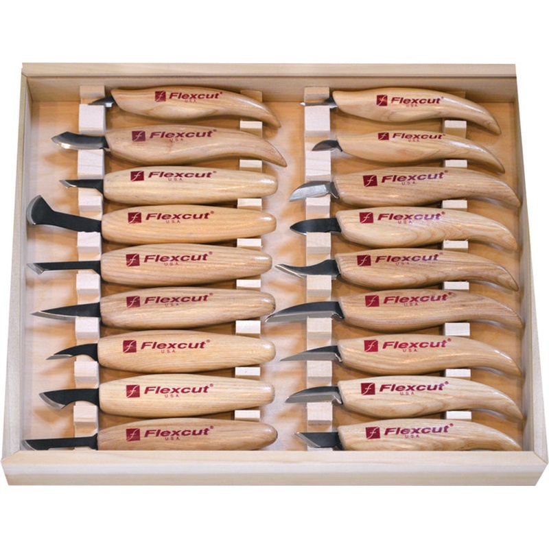 Flexcut Deluxe Tan Wood Carbon Steel 18pc Fixed Blade Knife Set KN250