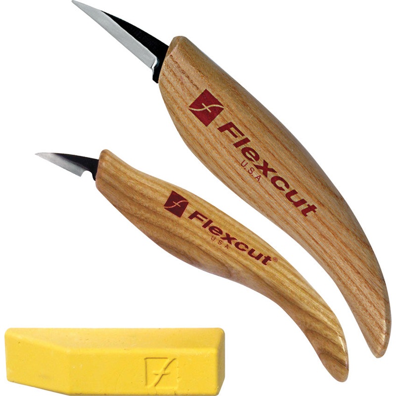 Flexcut Tan Wood Carbon Steel 2pc Whittlers Fixed Blade Knife Kit KN300
