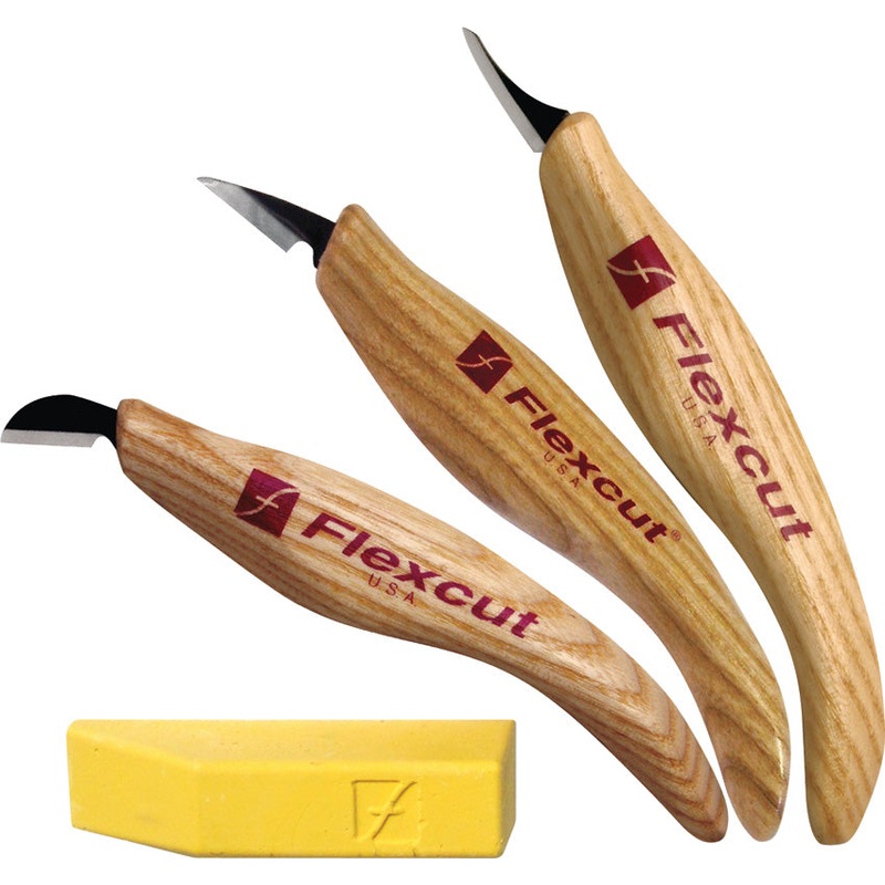 Flexcut Tan Wood Carbon Steel Slim Handle Detail 3pc Fixed Blade Knife Set KN400