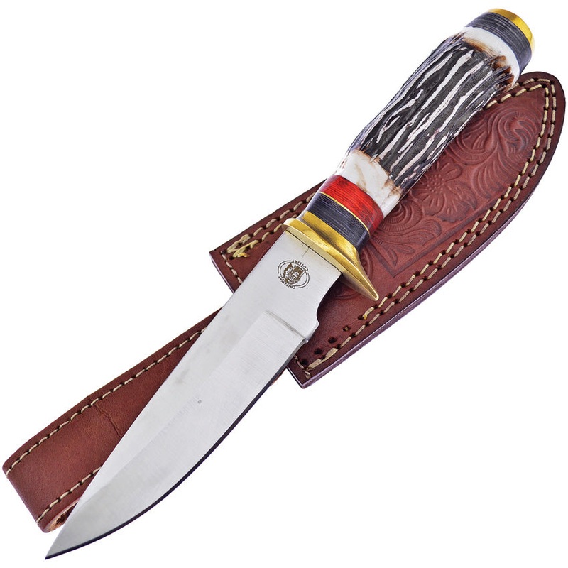 Frost Cutlery Stands Strong Skinner Stag Bone Stainless Fixed Blade Knife w/ Belt Sheath W2070IST