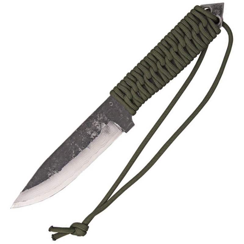 Kanetsune Karasu Green Cord Wrapped Damascus Fixed Blade Knife B254