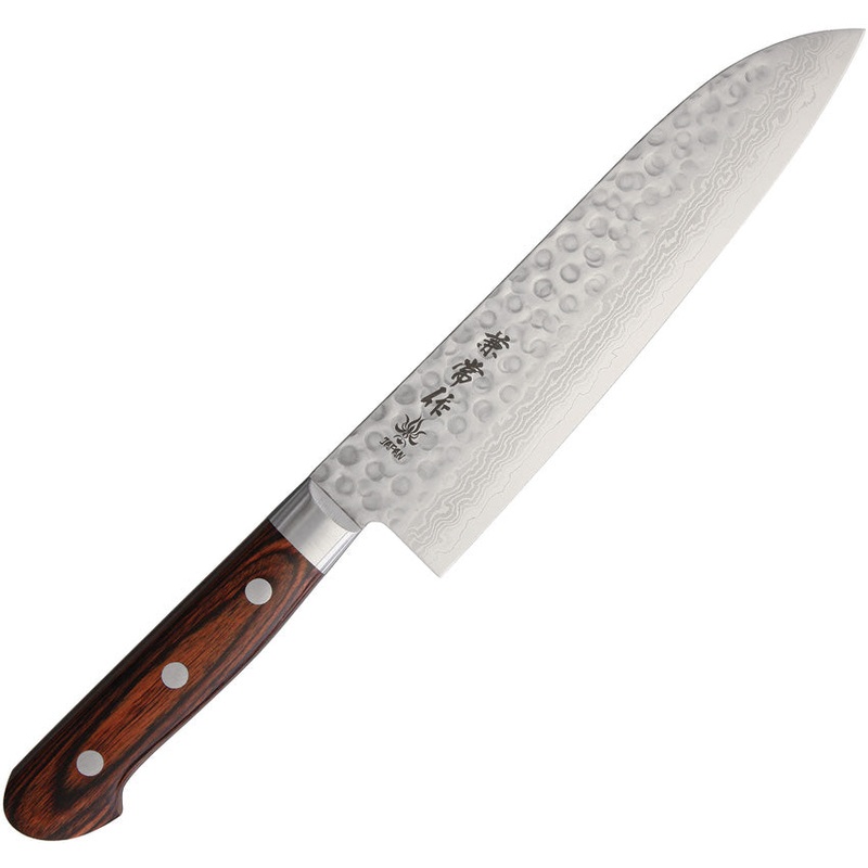 Kanetsune Santoku Brown Wood Damascus Steel Wharncliffe Fixed Blade Knife C903