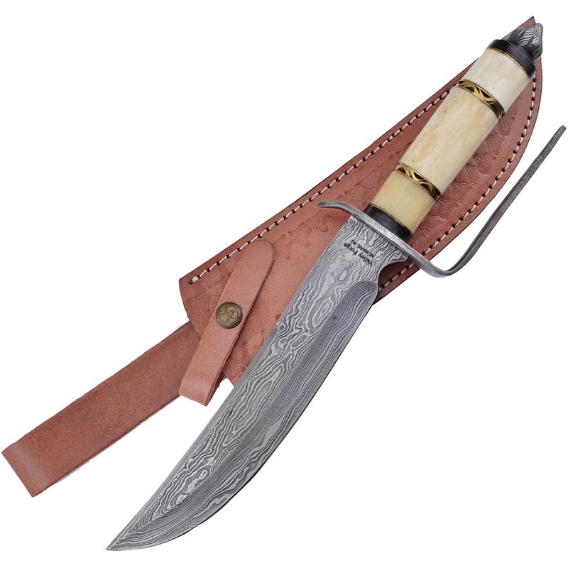Frost Cutlery Bowie White Smooth Bone Damascus Steel Fixed Blade Knife VFD82SB