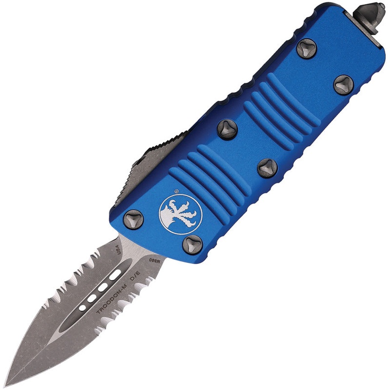 Microtech Automatic Mini Troodon OTF Knife Blue Aluminum Apocalyptic Partially Serrated Double Edge Blade 23811APBL