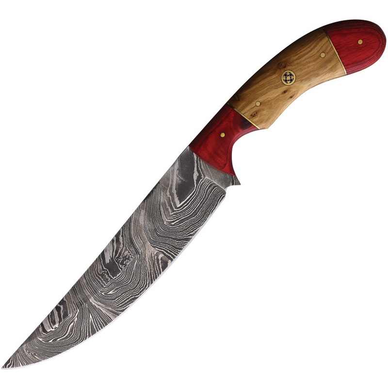 FH Knives Brown & Red Smooth Wood Damascus Steel Fixed Blade Knife 1473   - On Sale