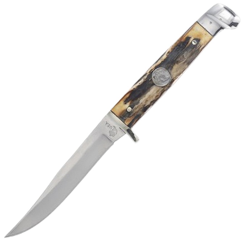 Queen Small Hunter Burnt Stag Horn 1095 Carbon Steel Fixed Blade Knife w/ Sheath SH63