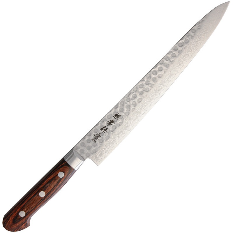 Kanetsune Sujihiki Brown Smooth Wood Damascus Fixed Blade Knife 906