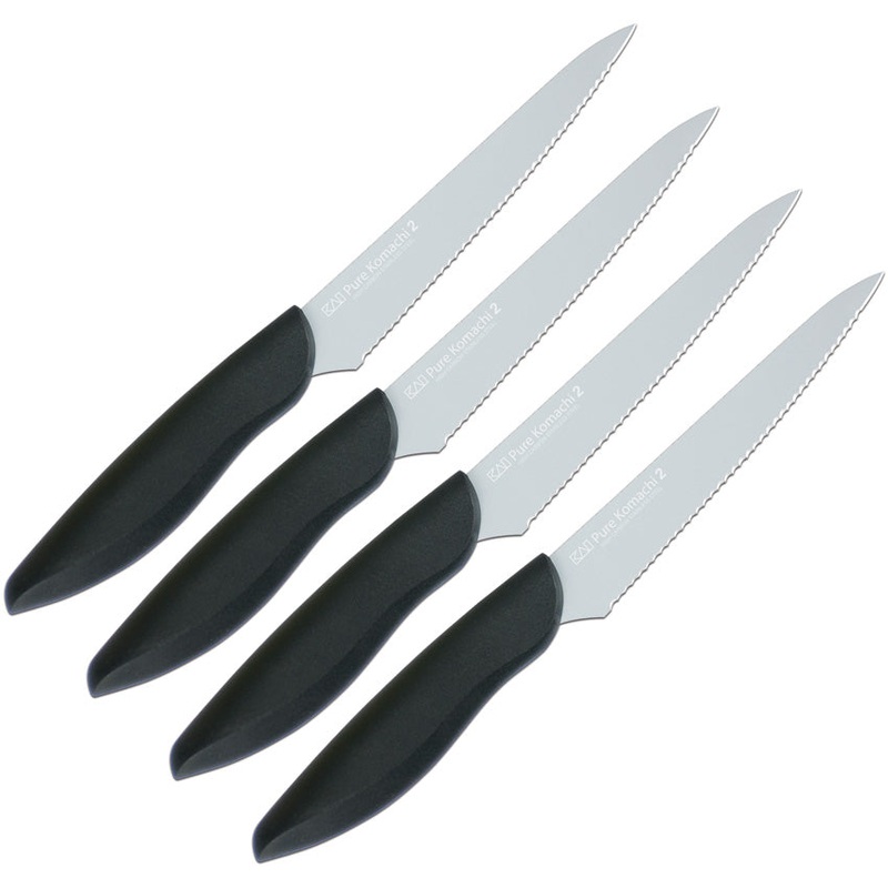 Kai USA Komachi 2 Steak Black Smooth Stainless Fixed Blade 4pc Knife Set 5075