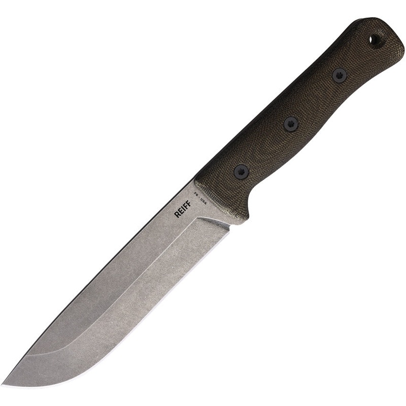 Reiff Knives F6 Leuku Survival Green Micarta Carbon Fixed Blade Knife 611GCMBLKR