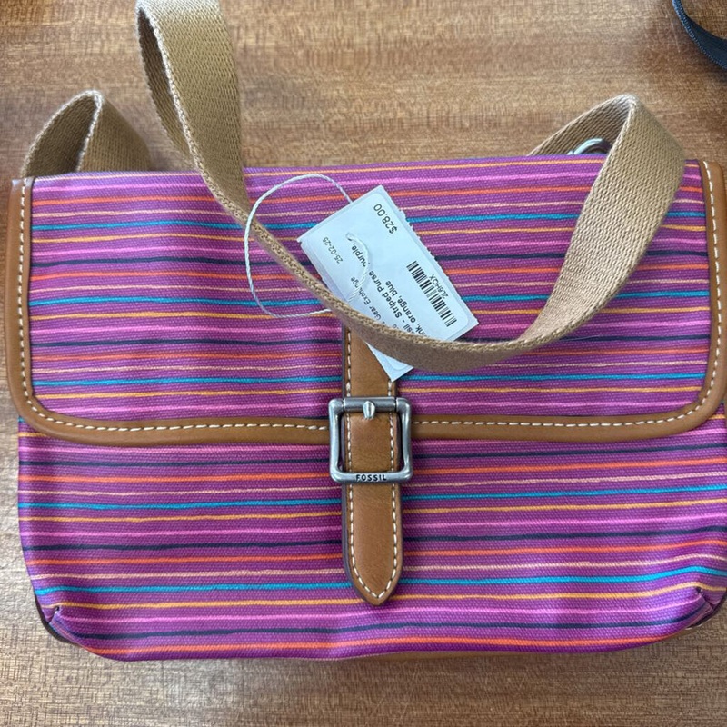 Fossil Striped Crossbody Bag: purple, pink, orange, blue-women-